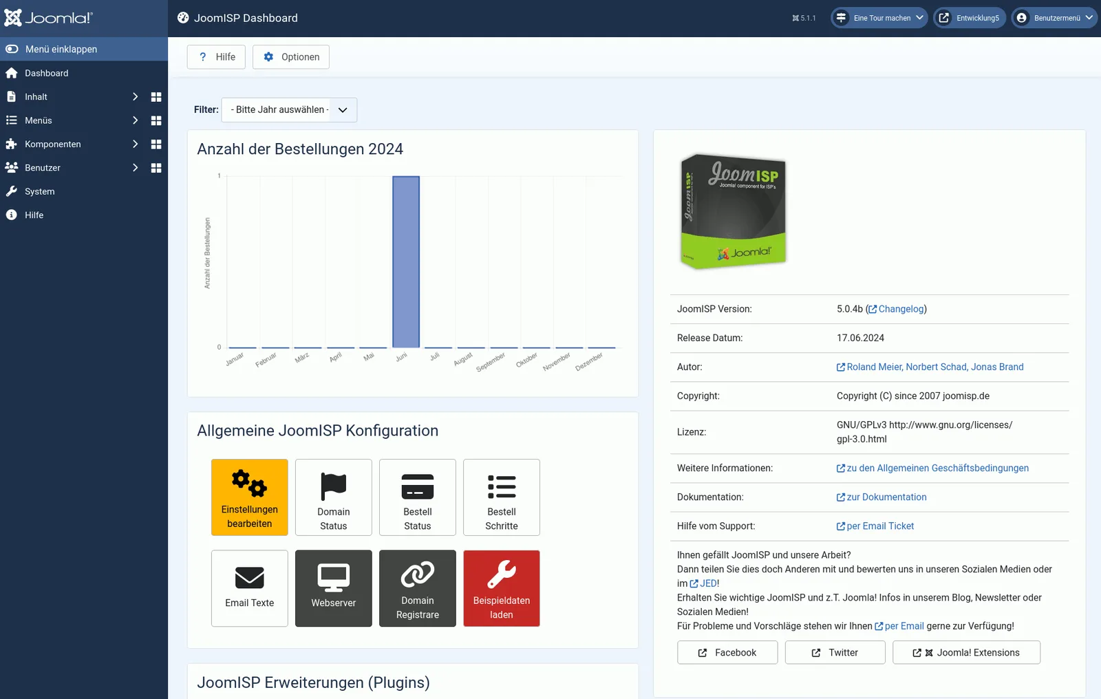 JoomISP für Joomla! – Erweiterung für Hosting-Shops von Roland Meier 4 JoomISP Version 5.0.4b Dashboard mit Statistiken, Konfigurationsoptionen und Produktinformationen
