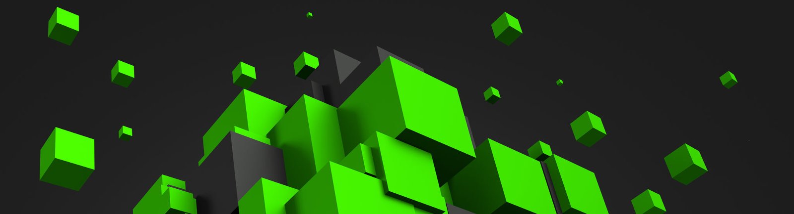 JoomISP für Joomla! – Erweiterung für Hosting-Shops von Roland Meier 6 Abstrakte 3D-Grafik mit neongrünen und grauen geometrischen Würfeln und Blöcken