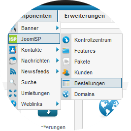 JoomISP für Joomla! – Erweiterung für Hosting-Shops von Roland Meier 3 JoomISP Dashboard Screenshot mit Menü und Verwaltungsoptionen in Deutsch