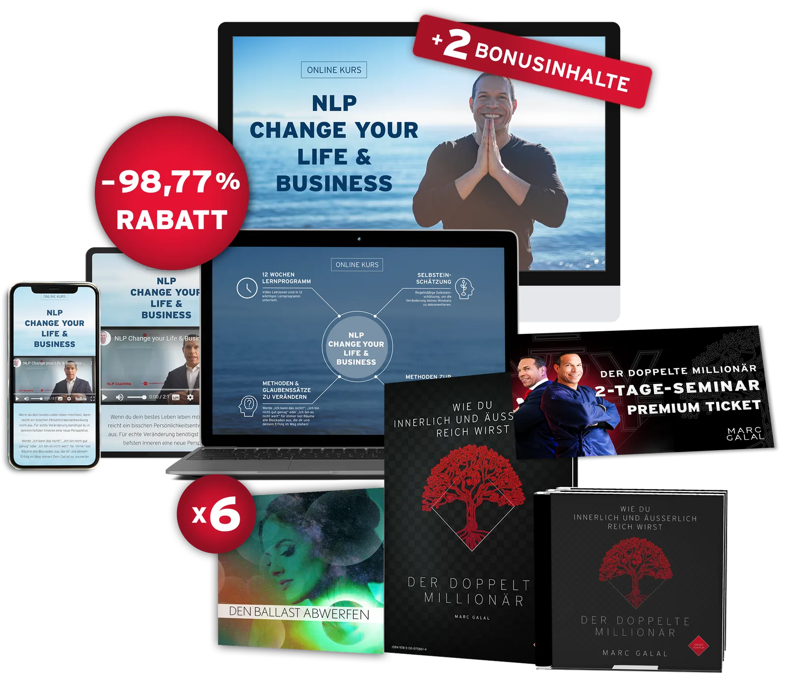 Mockup-Darstellung des Jubiläums-Bundles mit Laptop, Tablet, Smartphone, Büchern und Bonus-Materialien, Rabatt-Badge -98,77%