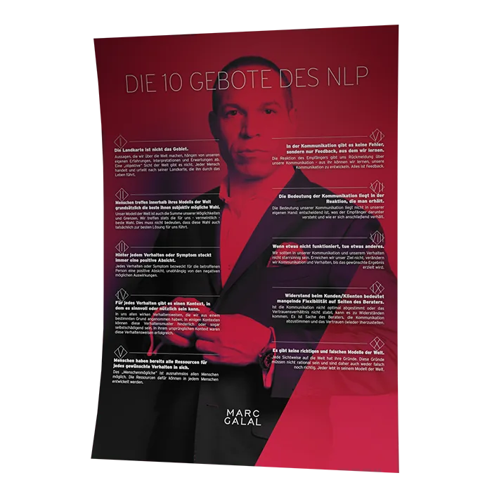 Infografik-Poster zu den 10 Geboten des NLP mit Portrait von Marc Galal auf rotem Hintergrund