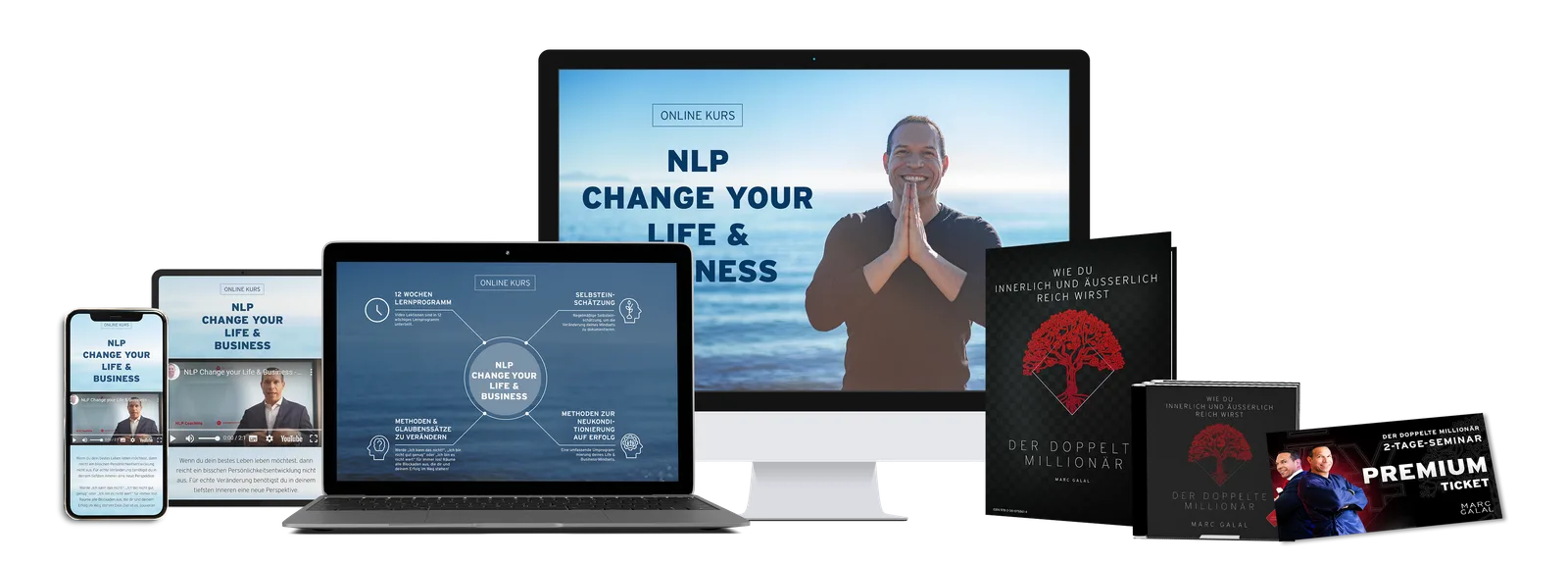 Mockup Power Bundle mit Smartphone, Tablet, Laptop und Desktop, zeigt NLP Online-Kurs mit Mann am Meer und Produktboxen