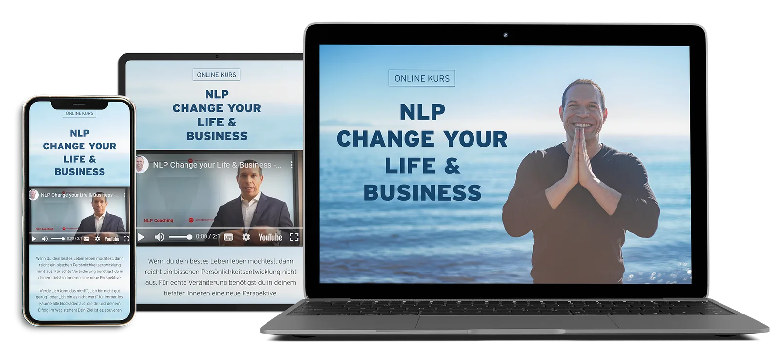 Responsive Mockup NLP Online-Kurs auf Smartphone, Tablet und Laptop mit Video-Player und Kurs-Inhalten