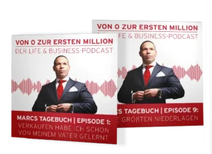 Podcast-Cover Von 0 zur ersten Million - Life & Business Podcast mit Marc Galal in Anzug mit roter Krawatte