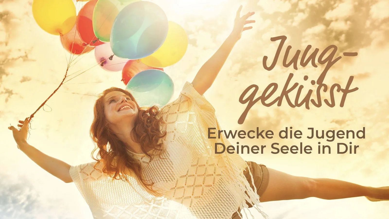 Junggeküsst Hero-Banner mit lächelndem Mädchen, bunten Luftballons und Motivationstext