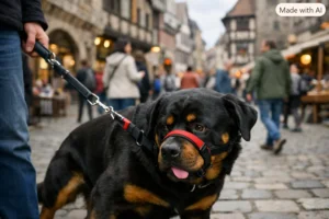 Schwarzer Rottweiler mit roten Halti auf Kopfsteinpflaster, made with AI