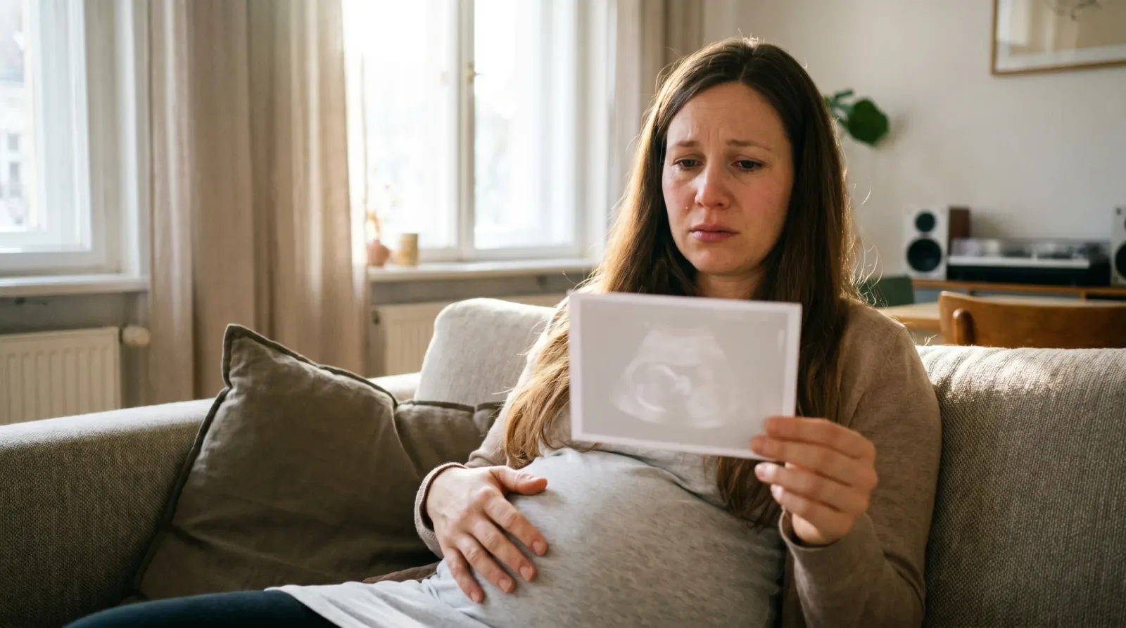 Schwangere Frau auf Sofa hält Ultraschall-Bild, blickt nachdenklich darauf
