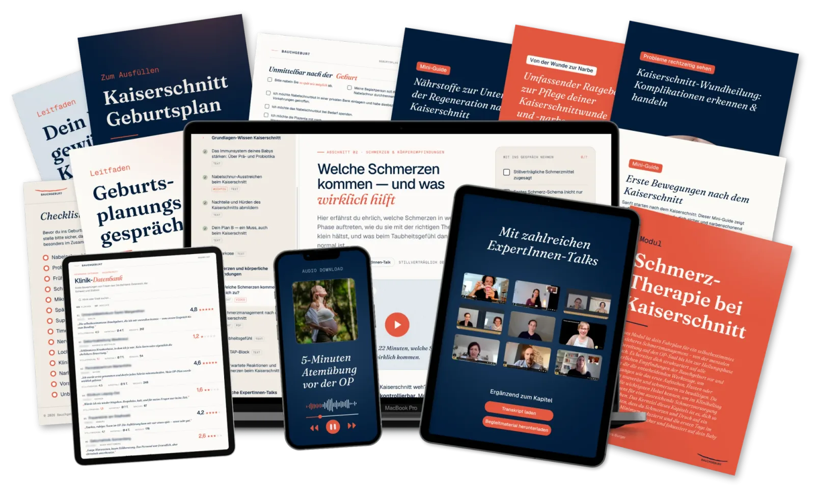 Kaiserschnitt Geburtsvorbereitungskurs umfassendes Paket mit Tablet, Smartphone, Arbeitsblättern und Begleitbroschüren