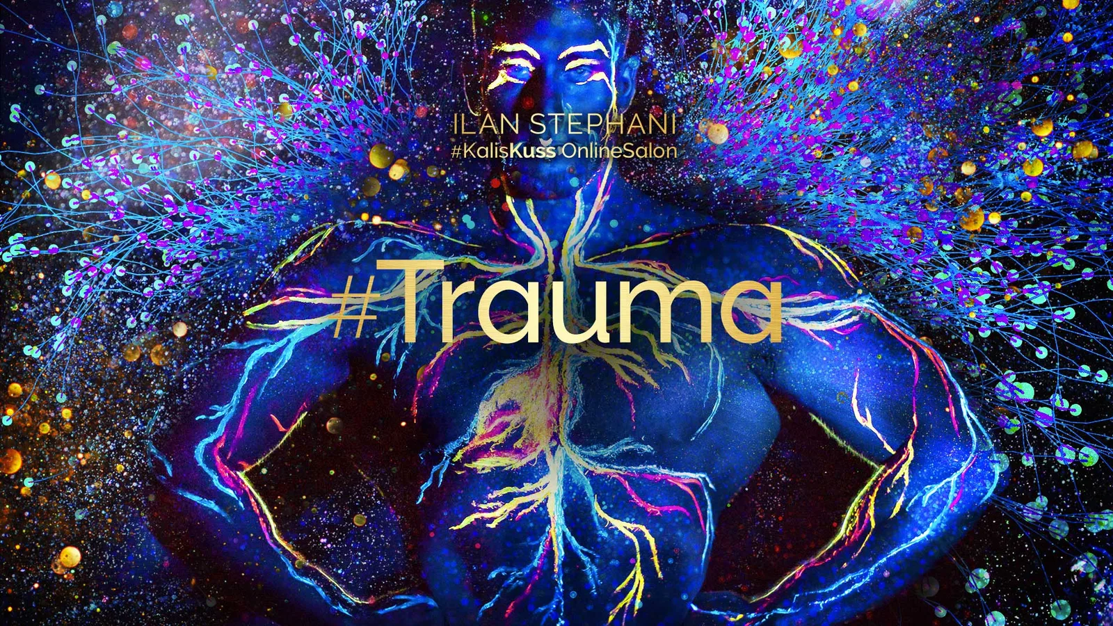 KK Trauma Banner mit Frauengesicht, fluoreszierenden Linien und Glittereffekten