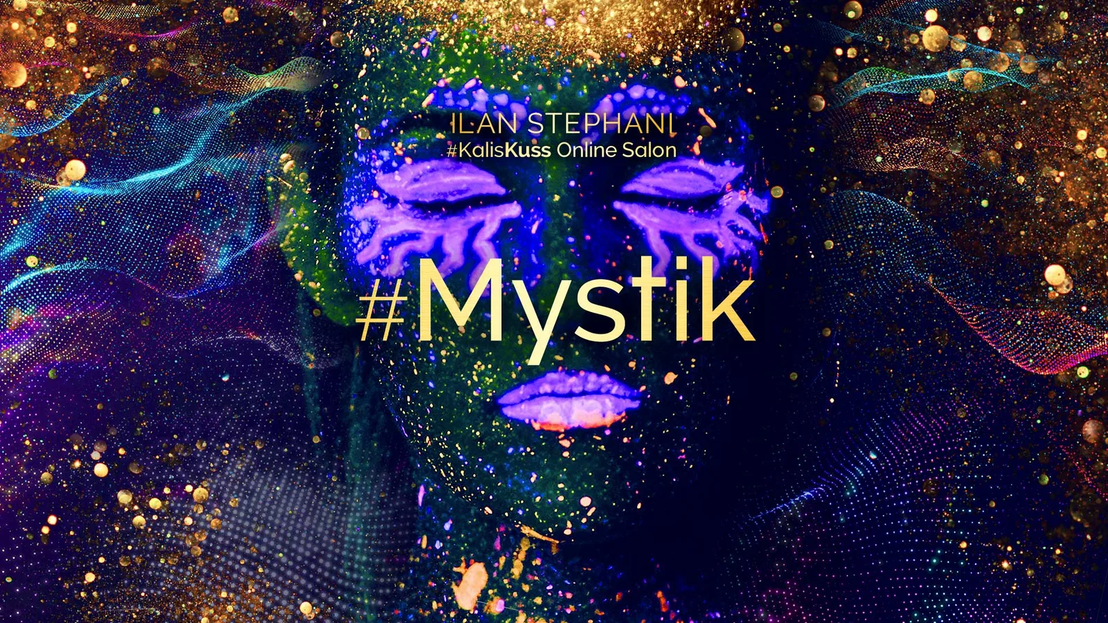 Digitale Kunstgesicht mit mystischen Lippen und goldener Schrift #Mystik auf dunklem Grund