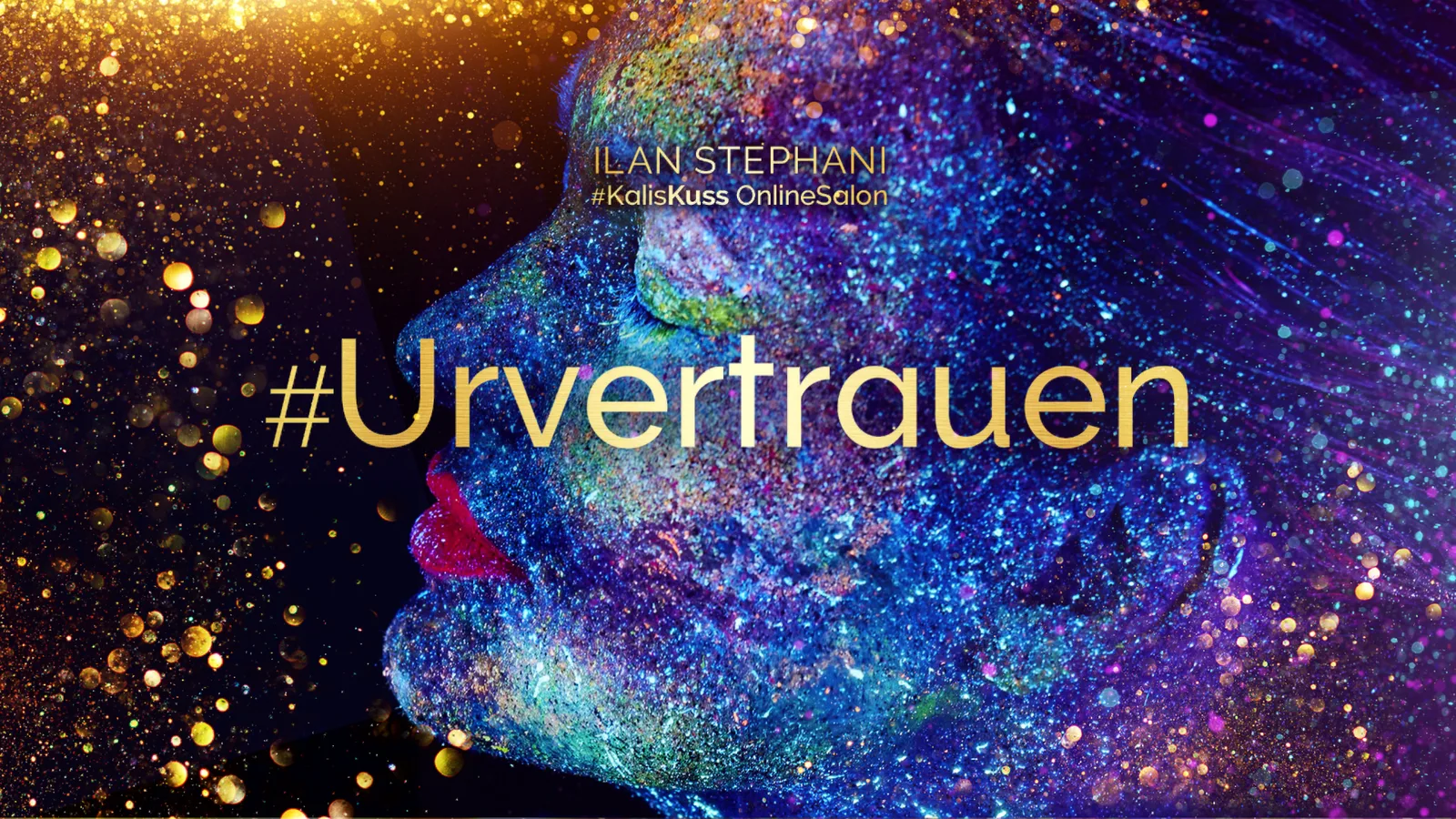 Leuchtende Partikel-Kopfform in Blau und Gold mit Schrift #Urvertrauen