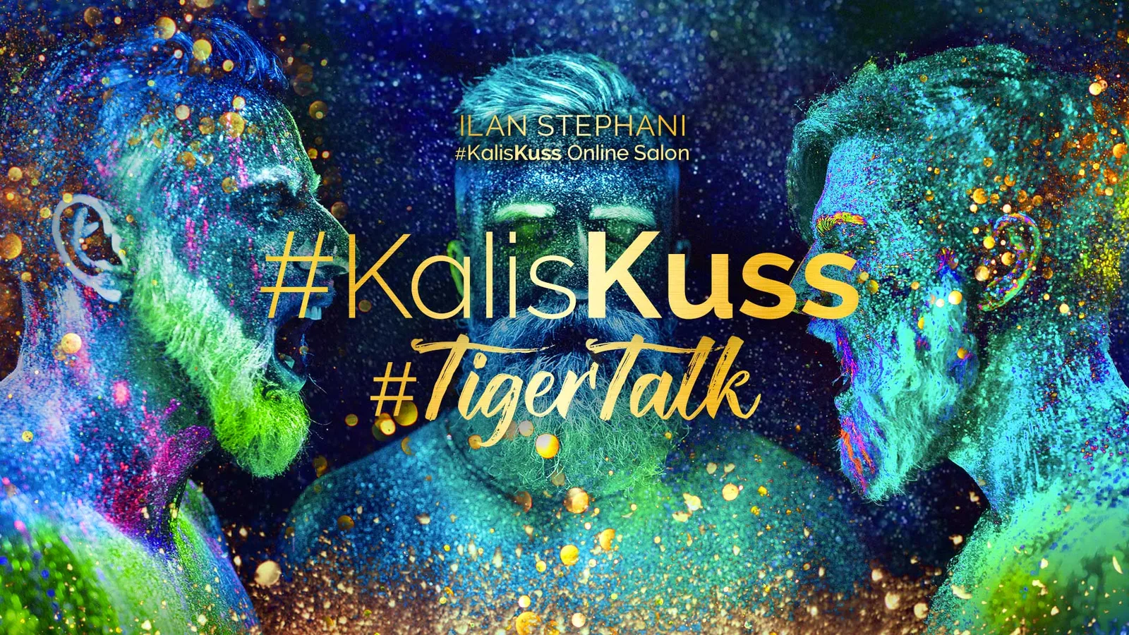 KK TigerTalk 2.0 Banner mit zwei grünlich bemalten männlichen Köpfen symmetrisch