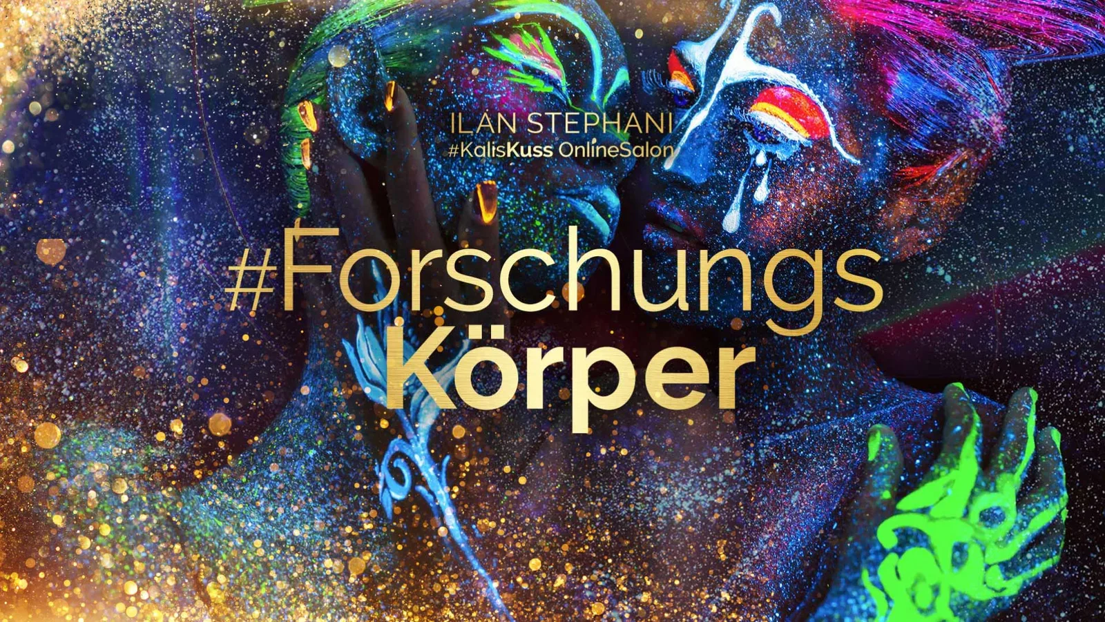 KK Forschungskörper Banner mit zwei mehrfarbig bemalten Köpfen, Körperkunst