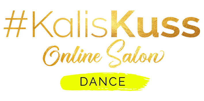 Gold-farbener Schriftzug #KalisKuss Online Salon mit gelb hervorgehobenem DANCE Text