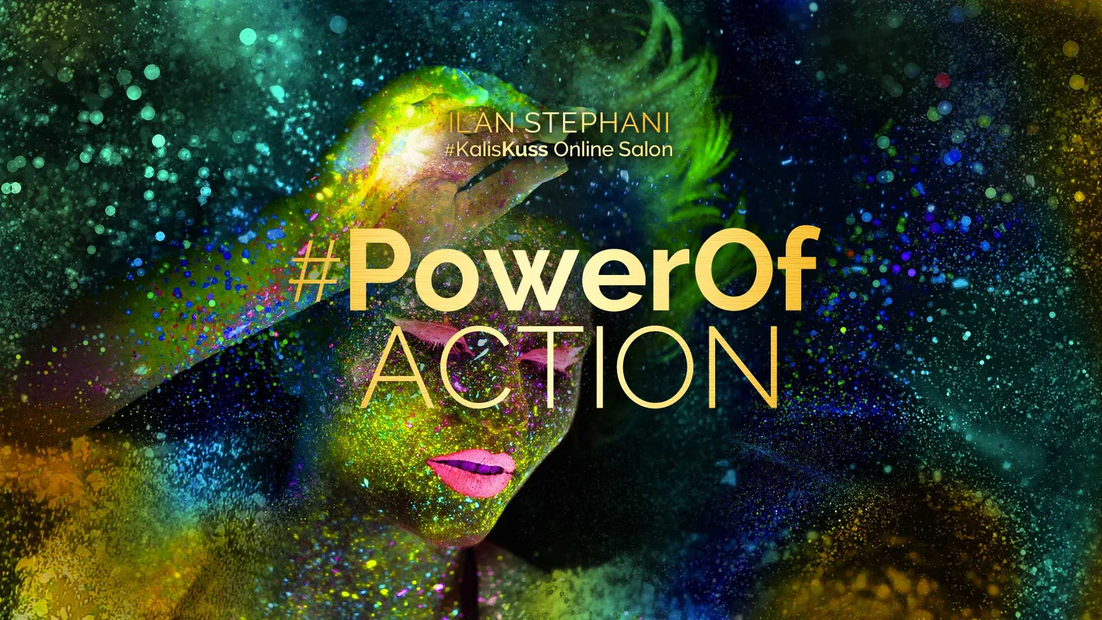 Power Of Action Banner mit grünem Glitter-Gesicht und Energiestrahlen