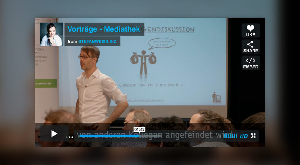 Kalkulationsformulare zum Webinar von Stefan Weiss 9 Stefan Weiss hält Vortrag vor Publikum, Vimeo-Player, Mediathek-Präsentation