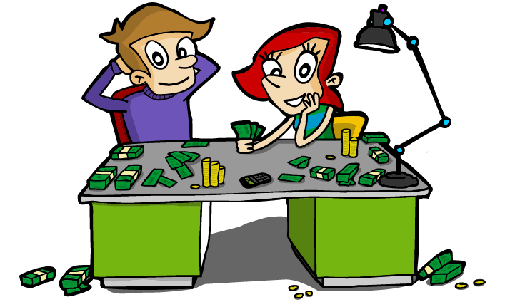 Kalkulationsformulare zum Webinar von Stefan Weiss 4 Cartoon-Illustration mit zwei Personen am Schreibtisch, Geldscheine und Münzen, Lampe
