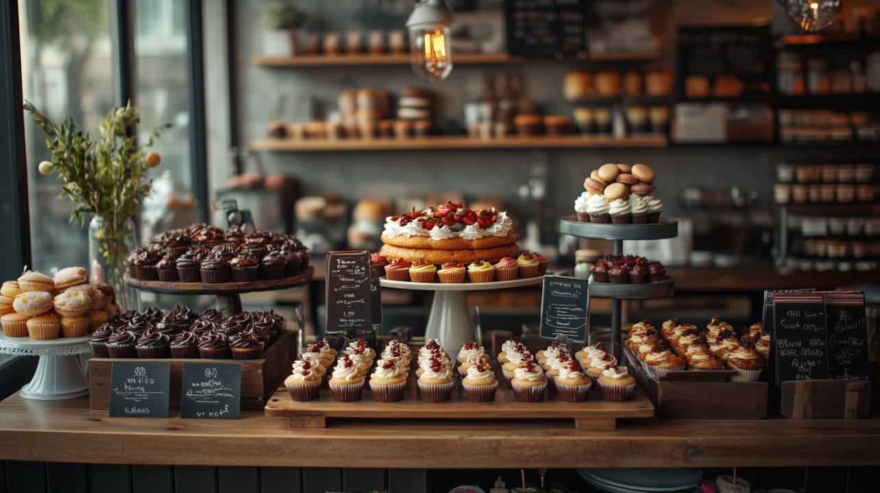 Professionelle Bäckerei-Verkaufstheke mit Cupcakes, Torten und Gebäck auf mehreren Etageren