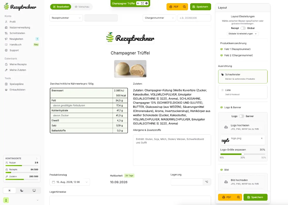 Screenshot Produktspezifikation und Etikett für Champagner Trüffel mit Nährwertangaben