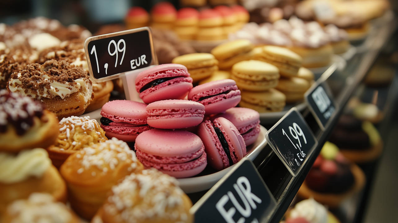 Bäckerei-Verkaufstheke mit rosa Macarons und Gebäck, Preisschilder mit EUR-Preisen
