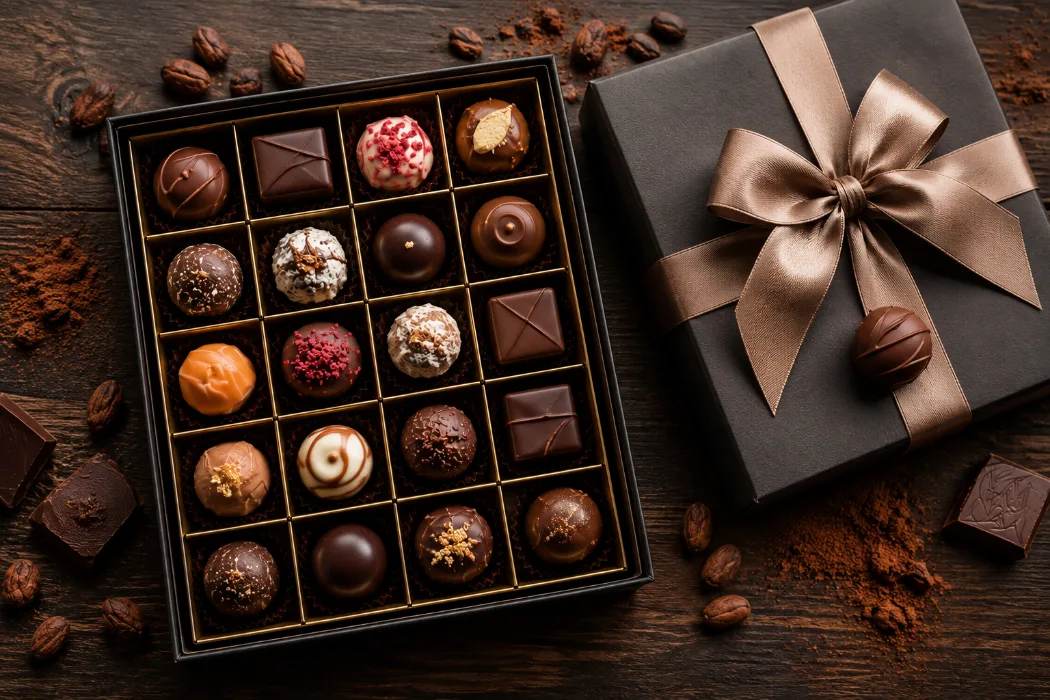 Luxuöse Pralinen-Schachtel mit 16 verschiedenen Schokoladen-Pralinen und goldener Schleife