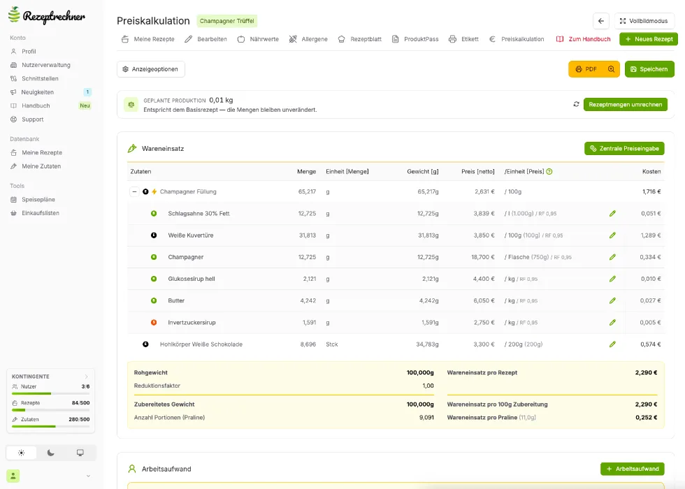 Screenshot Preiskalkulation Konditoren-Software mit Wareneinsatz und Kosteneberechnungen