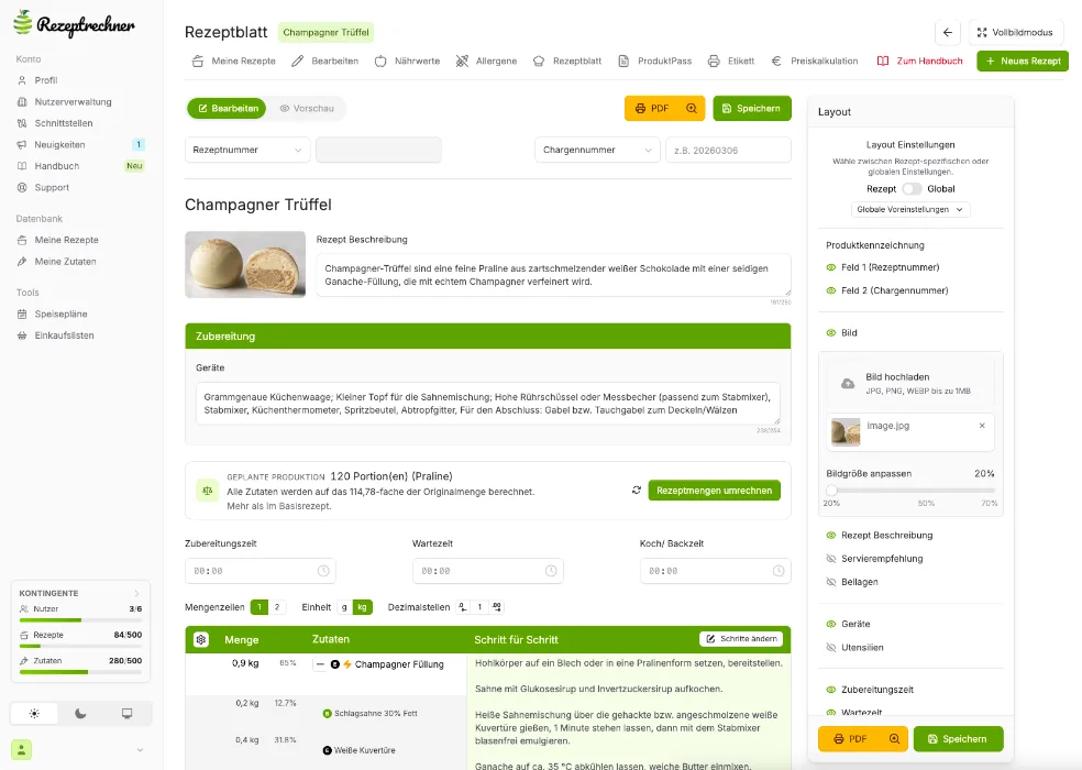Screenshot Rezeptblatt Champagner Trüffel mit Zubereitung, Geräten und Schritt-für-Schritt Anleitung