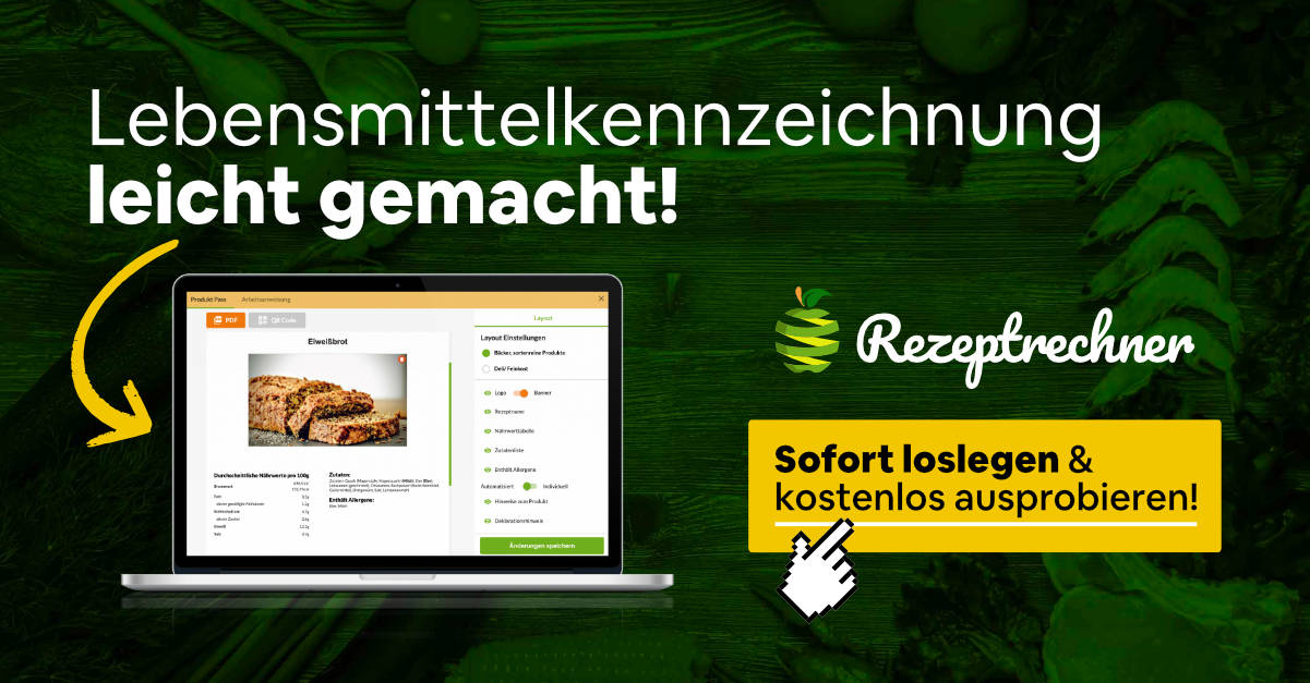 Hero-Banner zur Rezeptrechner Software mit Laptop-Mockup und Lebensmittelkennzeichnung