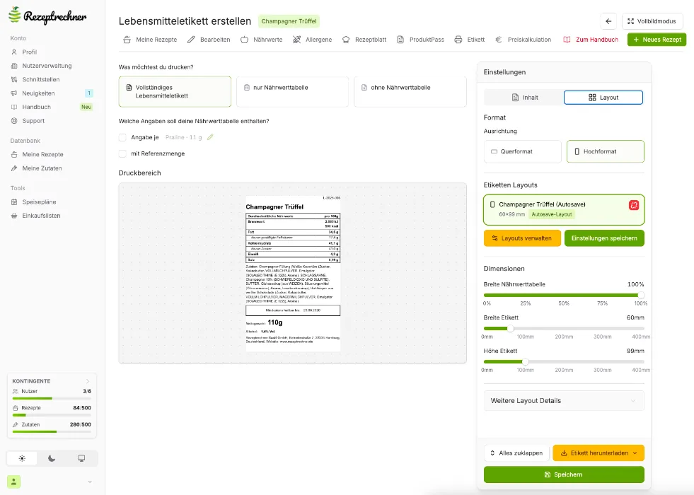 Screenshot Lebensmitteletikett-Generator mit Nährwerttabelle und Layout-Einstellungen für Champagner Trüffel
