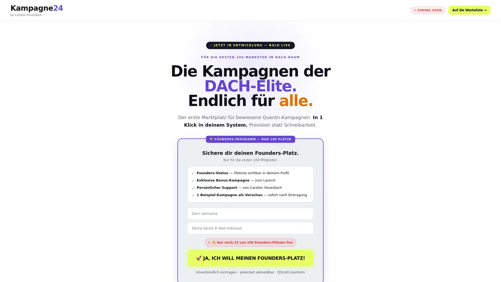 Kampagne24 Landingpage mit Gründerplatz-Angebot und Anmeldeformular