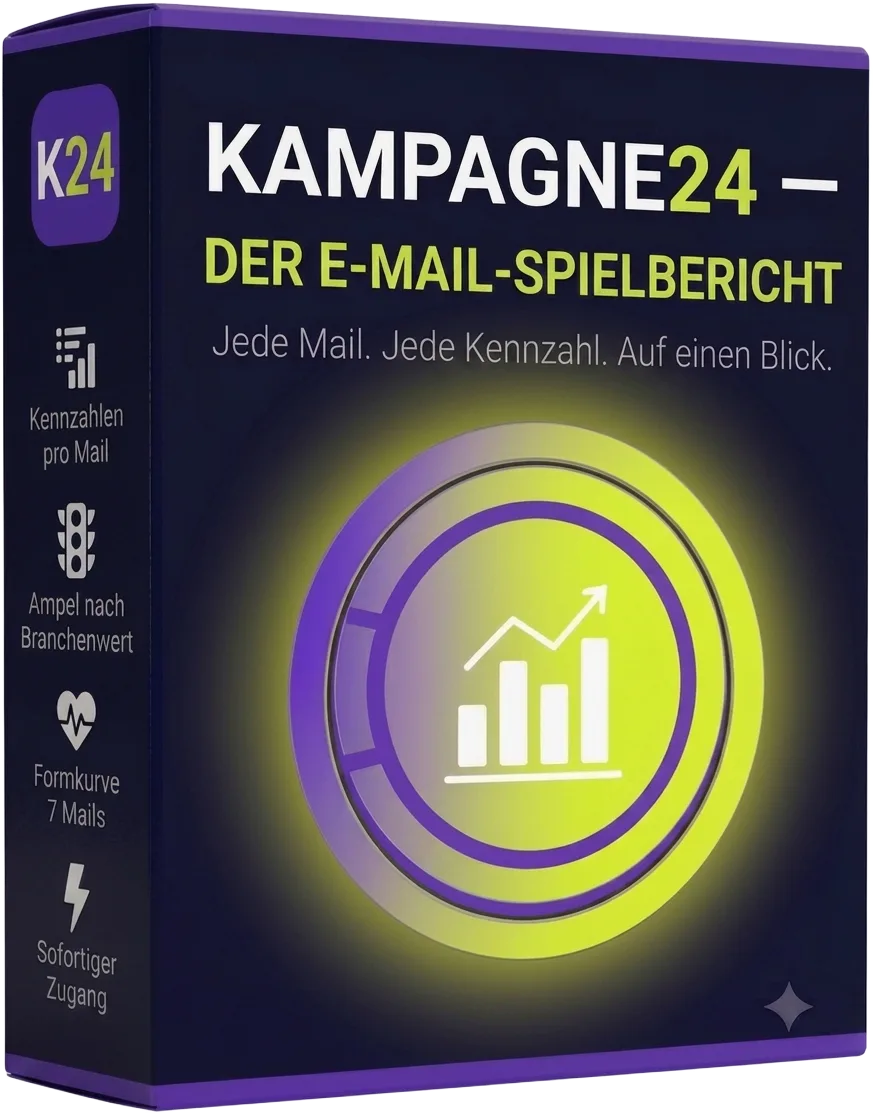 Kampagne24 Der E-Mail-Spielbericht Produktbox mit lila-gelbem Design