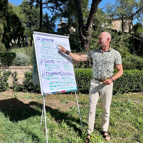 Mann in grauem gemustertem Shirt vor Flipchart mit handschriftlichen Notizen, Garten mit Bäumen