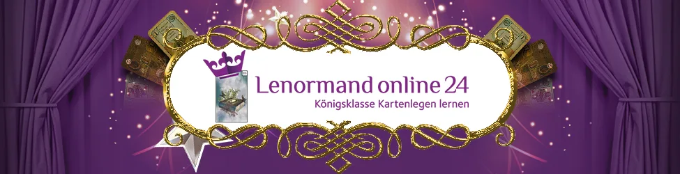 Lenormand online 24 Hero-Banner mit purpurnem Vorhang-Hintergrund, goldenem Ornament-Rahmen und Kartenlegen-Symbol