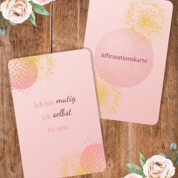 Affirmationskarte mit goldenem Glitter-Design und Text Ich bin mutig, ich selbst zu sein