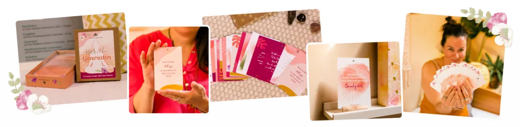 Landing-Page-Header mit Produktfotos von Kartensets, Affirmationskarten und Ordnungskarten in Pastelltönen
