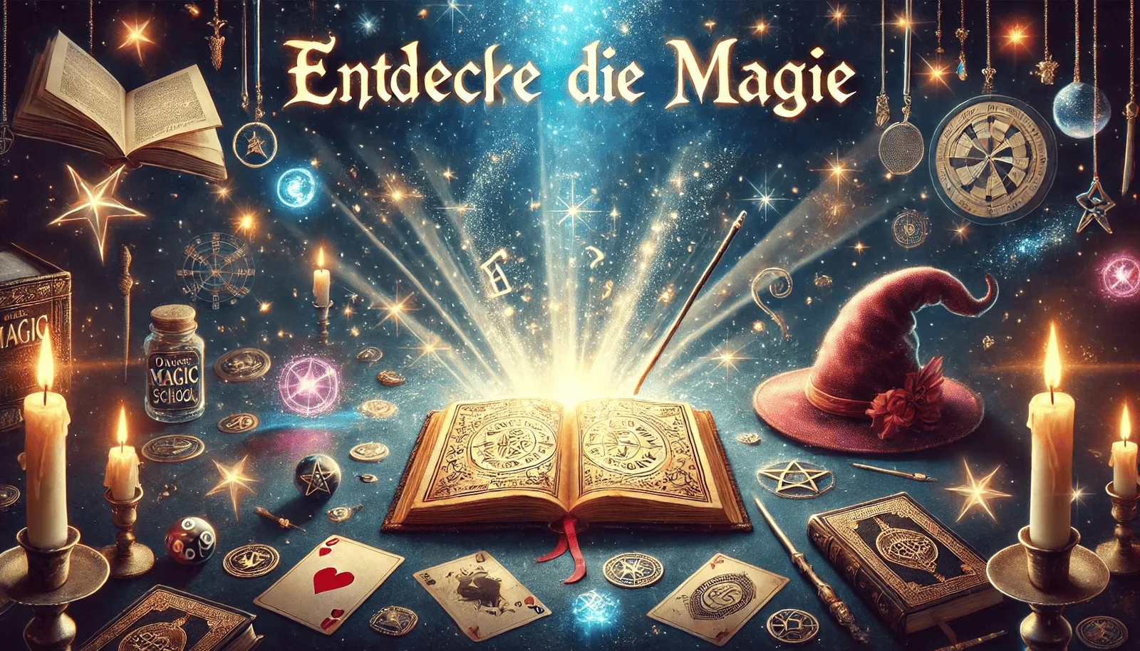 Mystische Illustration einer offenen Zauberschule mit magischen Symbolen, Sternen, Kerzen und Zauberhut