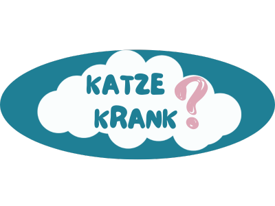 Logo Katze krank? mit weißen Wolken und Fragezeichen auf Teal-Hintergrund