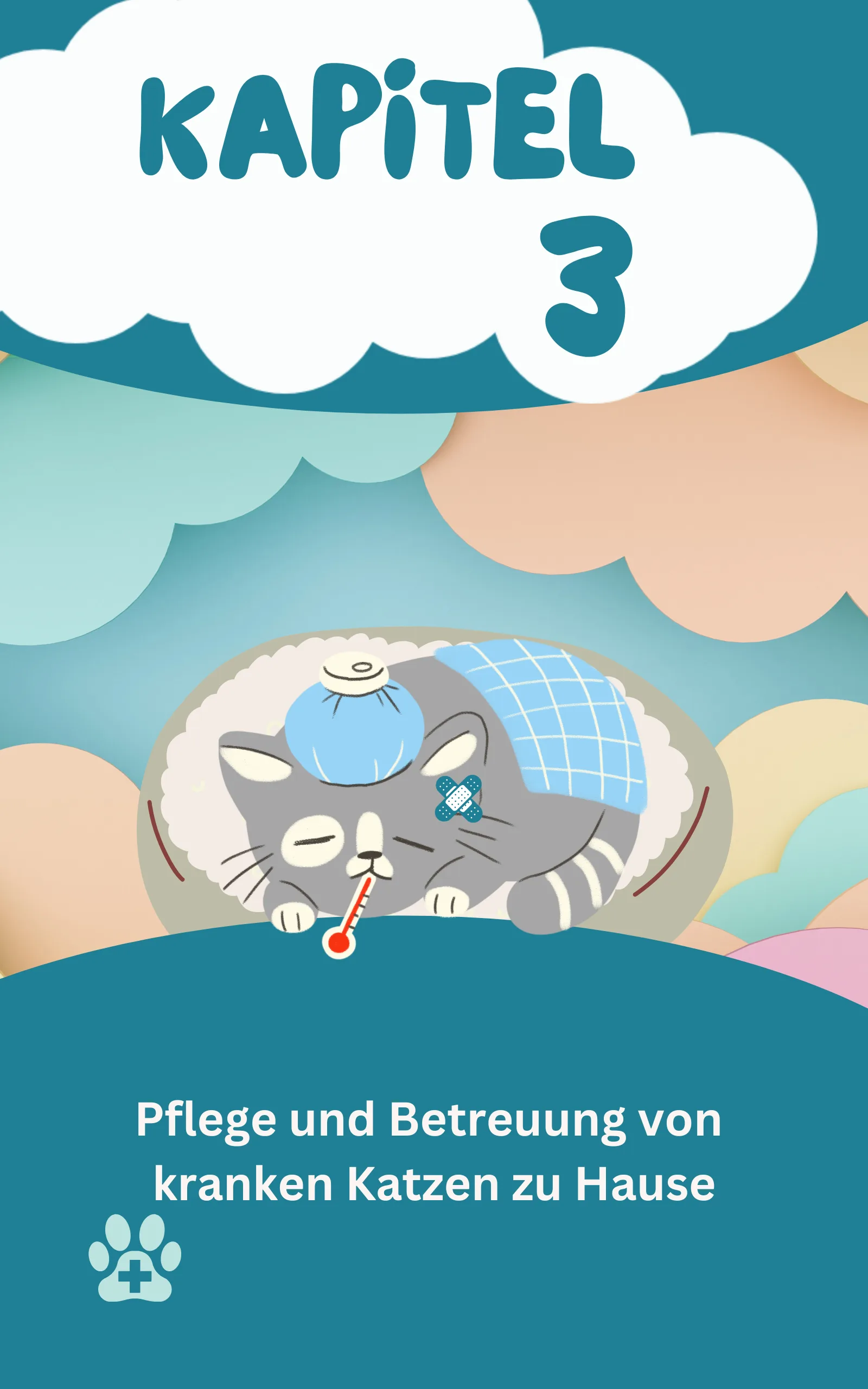 Kapitelseite 3: Pflege und Betreuung von kranken Katzen zu Hause mit Illustration kranker Katze