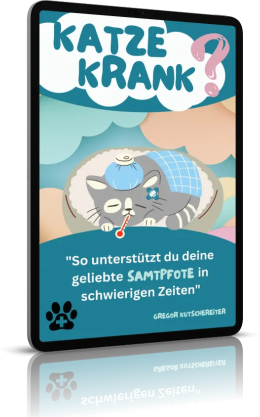 E-Book Cover Katze krank? auf Tablet-Mockup mit kranker Katze und Fieberthermometer