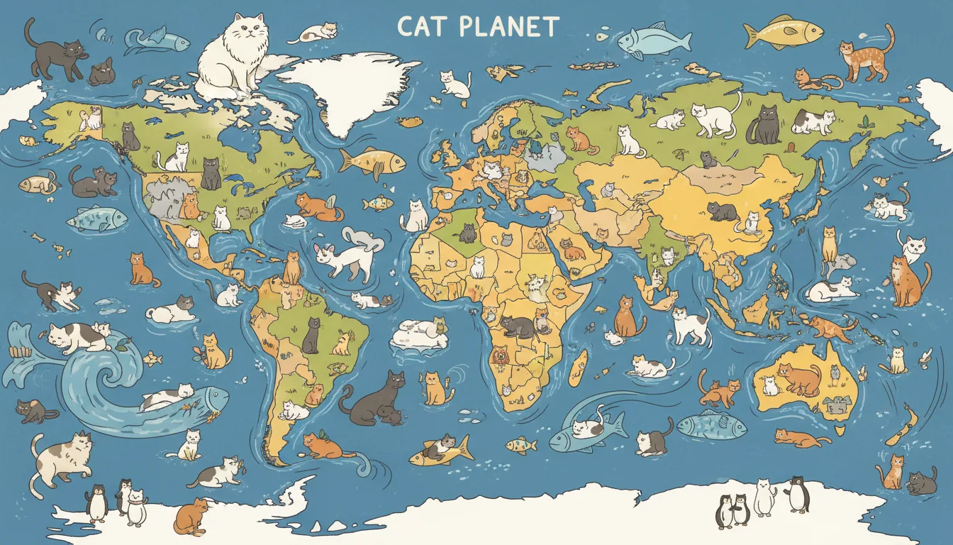 Cat Planet Weltkarte mit illustrierten Katzen auf allen Kontinenten und im Wasser