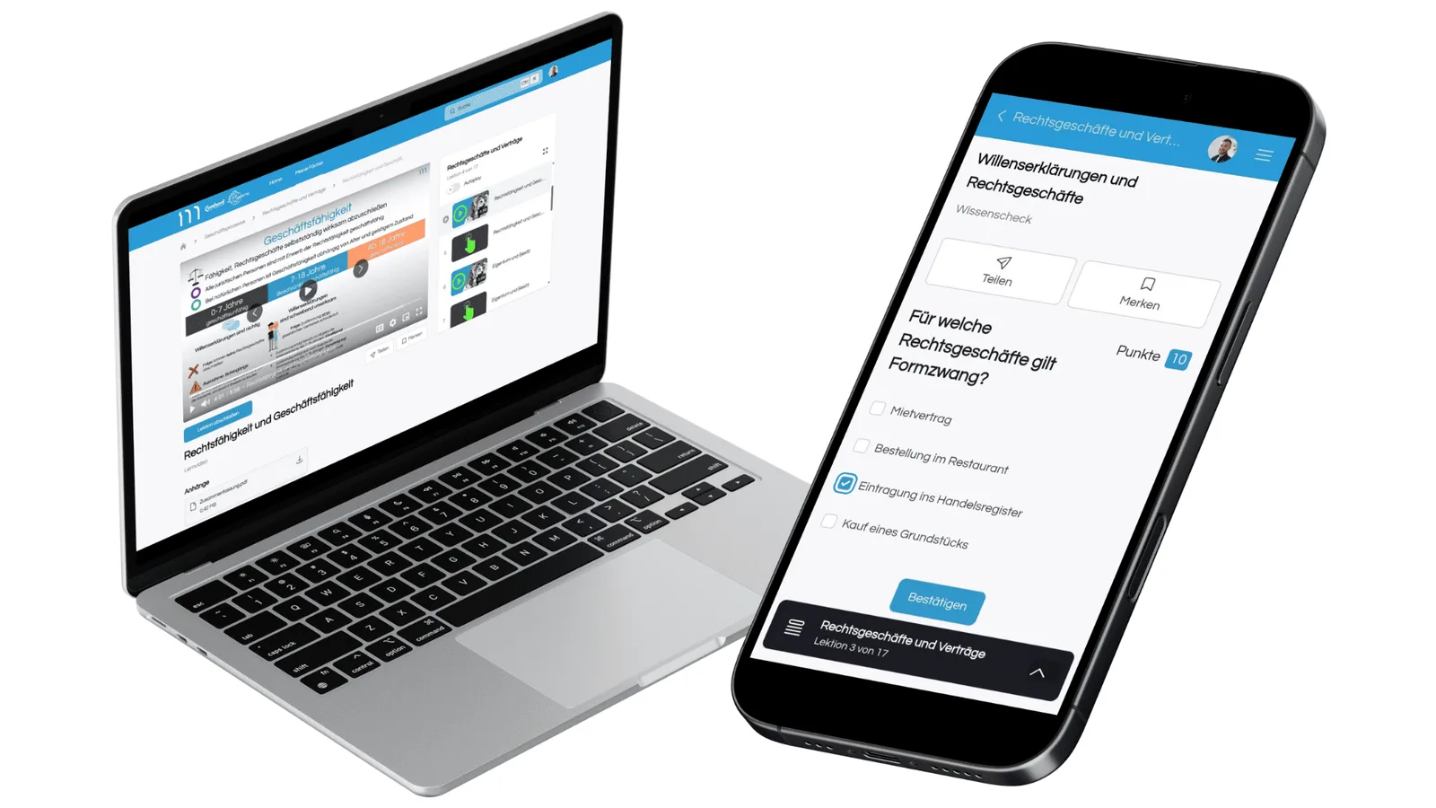 Laptop und Smartphone nebeneinander zeigen Lernplattform mit Rechtgeschäfte-und-Verträge-Modul und Wissenscheck-Quiz