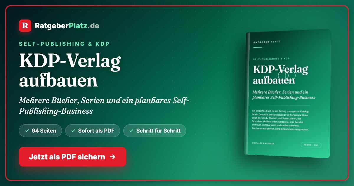 Hero-Banner für KDP-Verlag aufbauen mit RatgeberPlatz Logo, grünem Hintergrund und Buch-Mockup