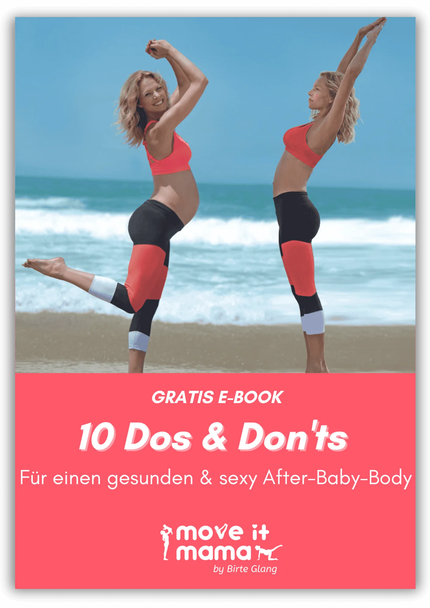 E-Book-Cover mit zwei Frauen am Strand, rosa Banner mit Buchtitel und Logo