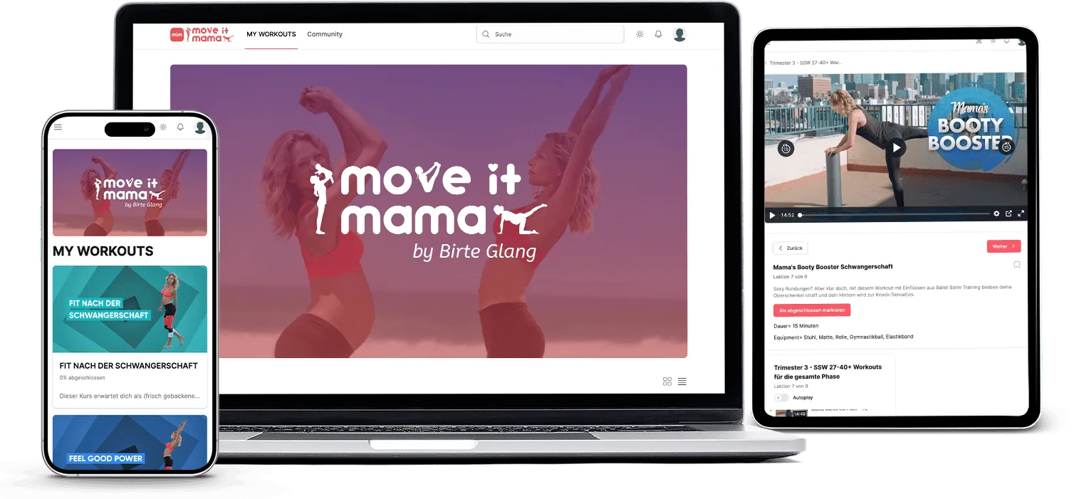 Move it Mama App-Mockup auf Smartphone, Tablet und Desktop, Trainingsplattform