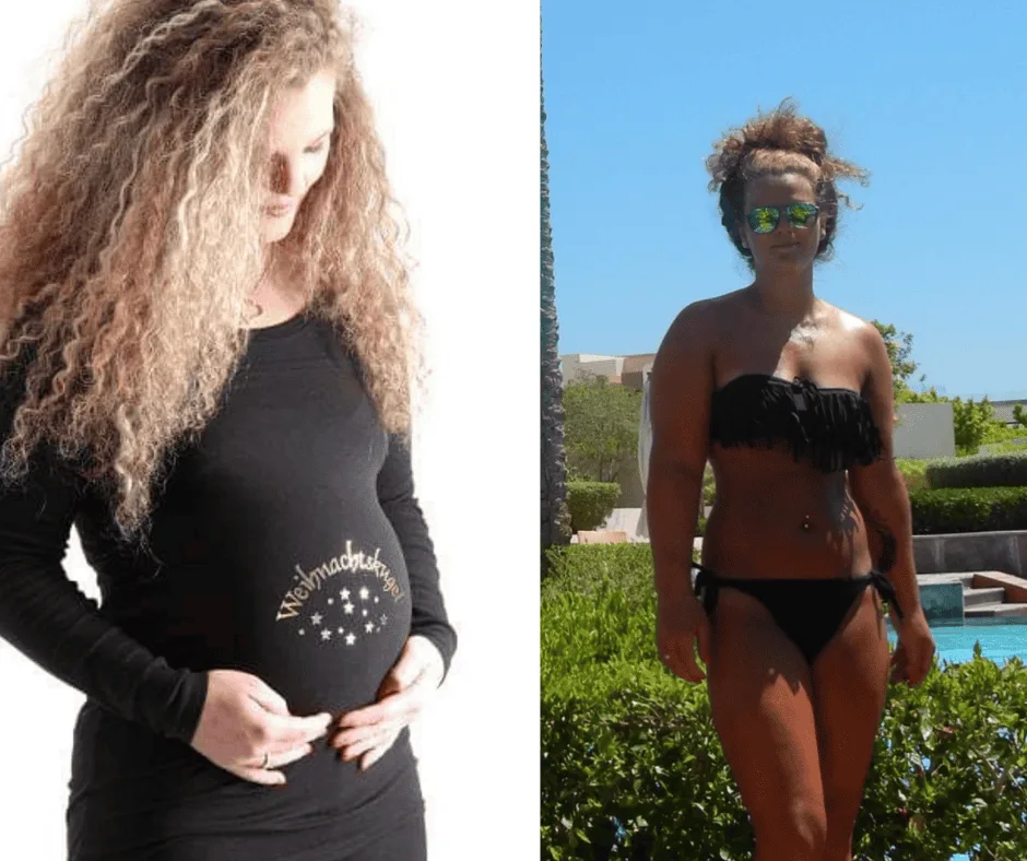 Zwei Fotos nebeneinander: schwangere Frau im schwarzen Shirt, Frau im Bikini nach Geburt