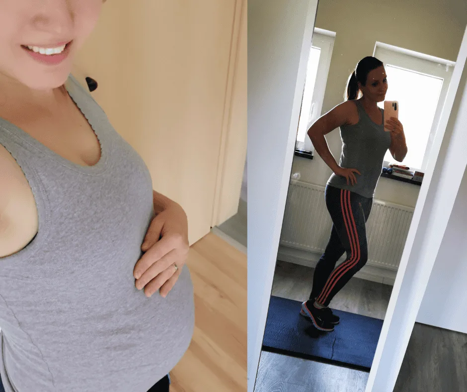 Zwei Fotos nebeneinander: schwangere Frau mit Bauch, Frau in schwarzem Sport-Top nach Geburt
