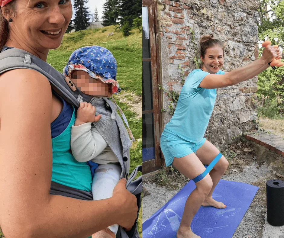 Zwei Fotos nebeneinander: schwangere Frau mit gelbem Sport-Top, schlanke Frau nach Geburt