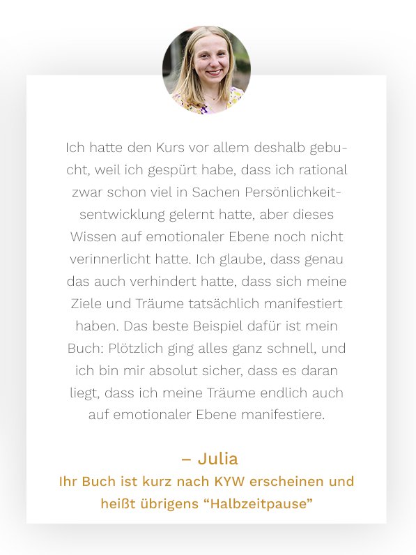 Kundenstimme von Julia mit Profilbild und Testimonial-Text zum Keep Yourself Wild Kurs