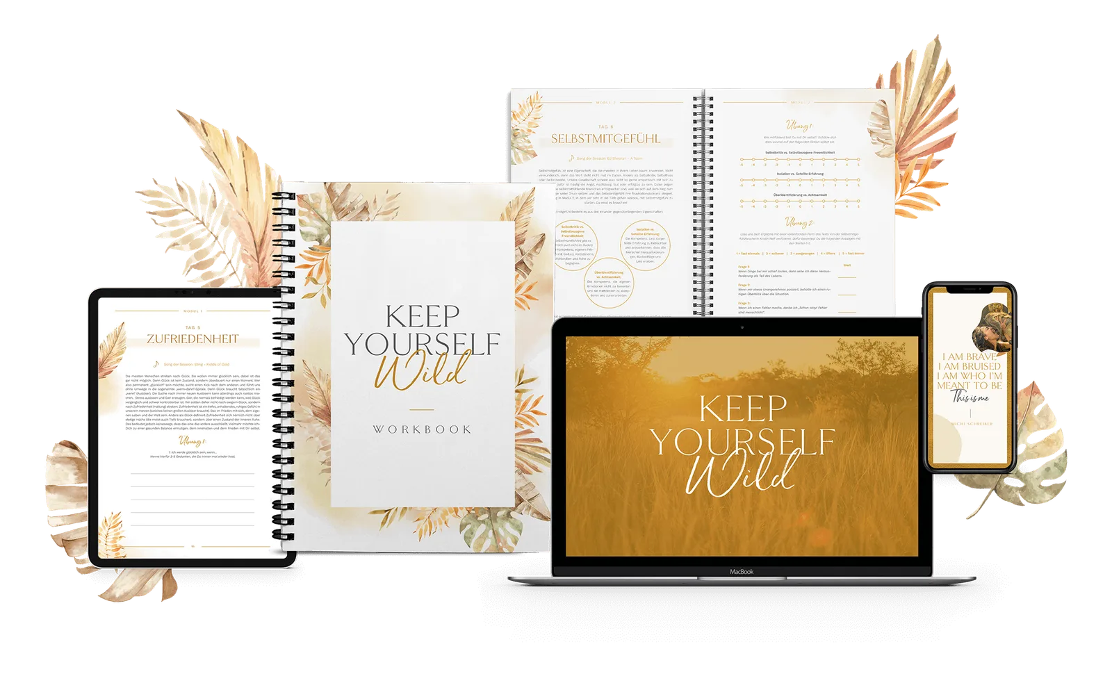 Keep Yourself Wild Kurs-Mockup mit Workbook, Laptop, Tablet und Smartphone auf beige Hintergrund mit Blattdekoration