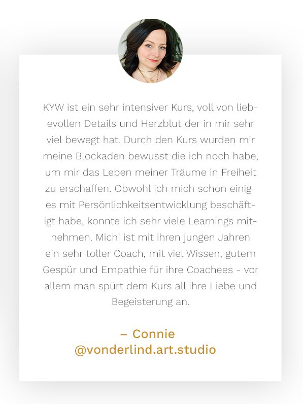 Kundenstimme von Connie mit Profilbild und Testimonial-Text zum Keep Yourself Wild Kurs